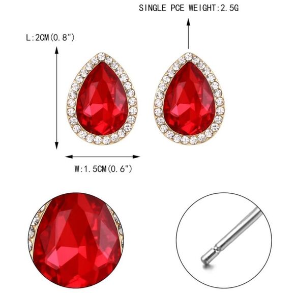Yellow Gold with Ruby Red and Diamond Austrian Crystal Teardrop Stud Earrings - Picture 6 of 6